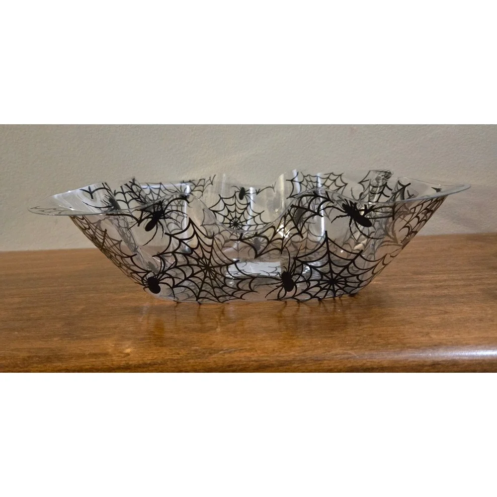 Greenbrier International Halloween Ruffle Tray Set Pumpkin Spider Web Clear 2pc